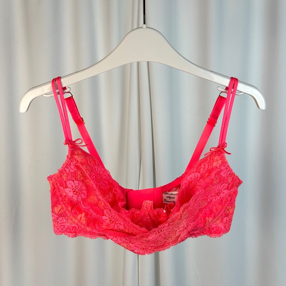 Agent Provocateur Neon Coral Pink Lace Bra 32C Designer Lingerie Floral Lace